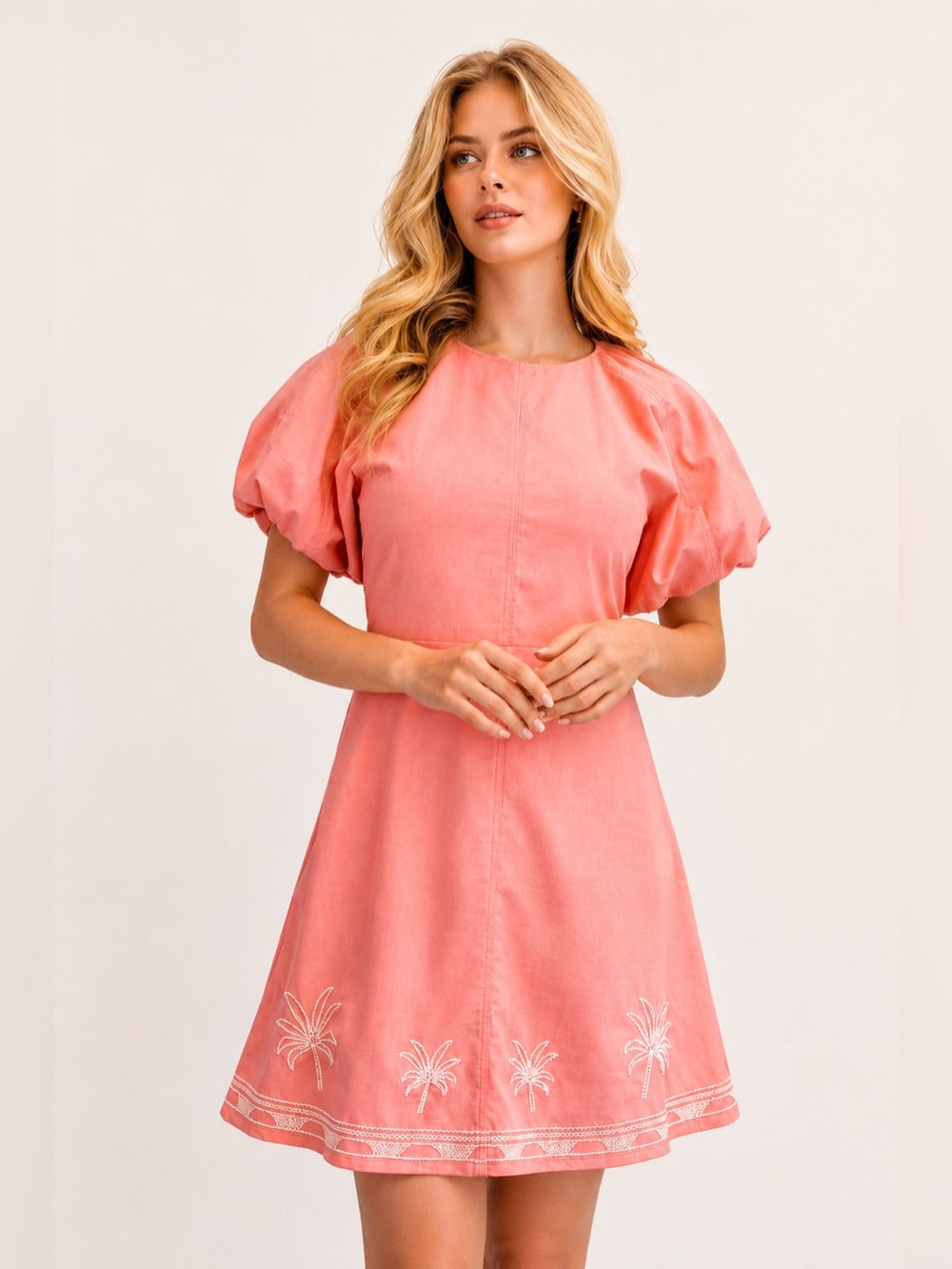 GIGIO Palm Tree Embroidered Linen Mini Dress Bubble Sleeve M